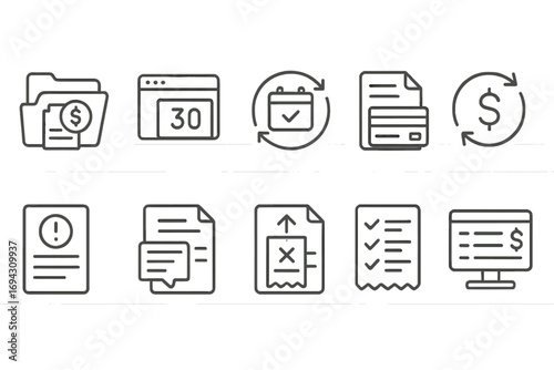 Finance and business line icon set. monetary, document, banking symbols collection