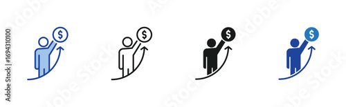Salary Increase icon set containing line, blue and glyph style vector icons