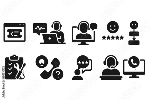 Customer support silhouette icon set. assistance, service icons silhouette collection