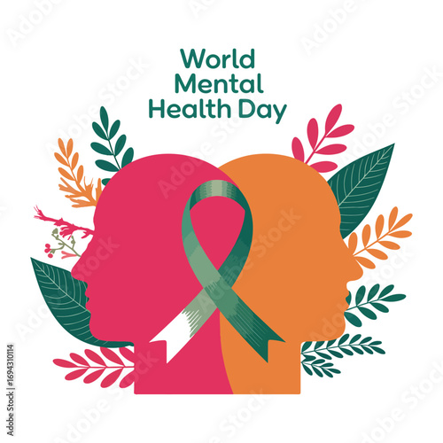 World Mental Health Day Poster Colorful Silhouettes, Green Ribbon And Floral Design
