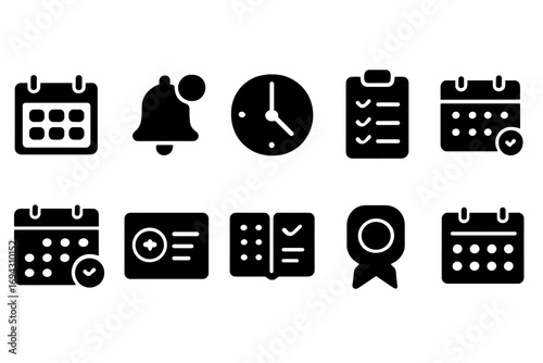 Calendar and time management solid icon set: scheduling and planning icons