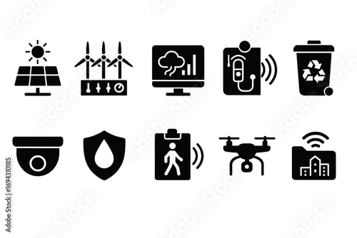 Renewable energy, technology silhouette icon set. sustainability, recycling collection.