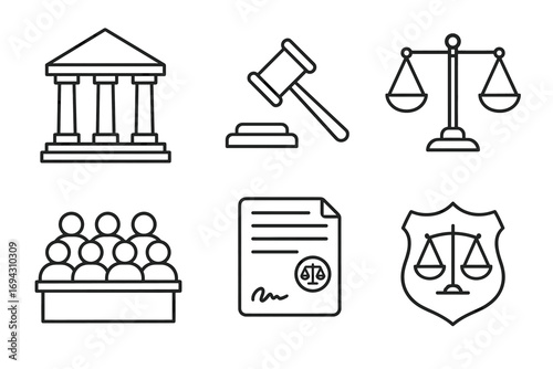 Legal symbols collection featuring gavel, scales of justice, courthouse, jury, document, and badge