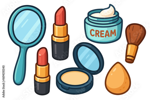 Assorted makeup items: lipstick, cream, mirror, and cosmetic tools