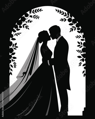 Silhouette of bride and groom kissing under leafy vine arch, dressed in formal wedding attire, symbolizing romance, unity, and celebration
