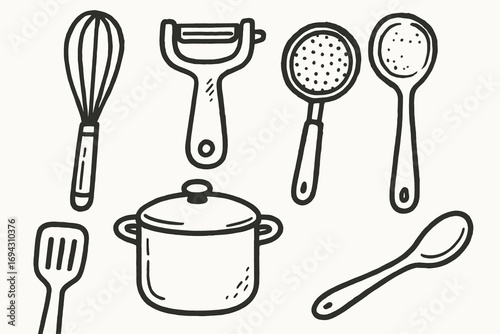 Hand-drawn kitchen utensils including whisk, grater, strainer, and pot