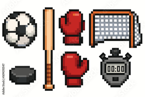 Pixel art: sports equipment collection with soccer ball, bat, gloves, and stopwatch