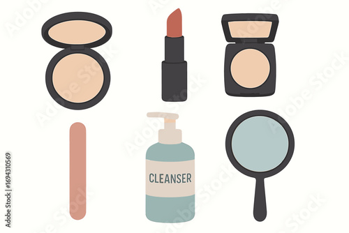 Makeup essentials including cleanser, lipstick, compact, mirror, and file on white background