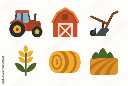 Farm equipment and icons: tractor, barn, plow, wheat, hay, field symbols