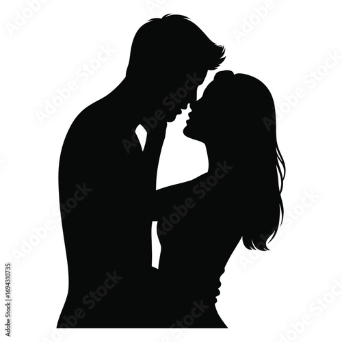 Silhouette of couple facing each other with gentle touch and tilted heads, symbolizing romantic intimacy, affection, and emotional connection