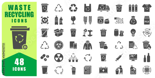 Waste Recycling Icon Symbol Set With 48 Designs. Recycle Icons Collection Includes Trash, Recycling Bins, Glass, Plastic, Metal, Paper, Batteries. Vector Illustration. Isolated On white 