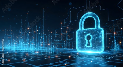 A glowing blue padlock formed from digital particles hovers above a circuit board-like structure, symbolizing cybersecurity and data protection.