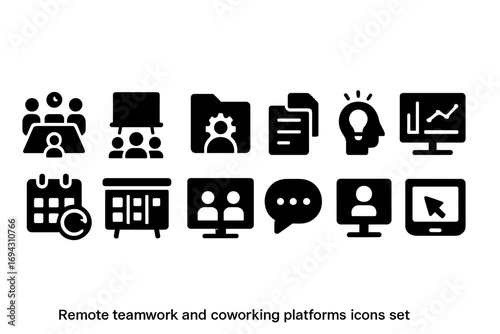 Business and office silhouette icon set: teamwork, files, calendar, communication