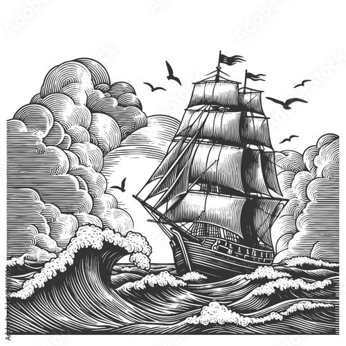 tall sailing ship navigating stormy waves with dramatic clouds and flying seabirds in retro style sketch engraving generative ai vector illustration. Scratch board imitation. Black and white image.