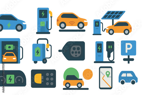 Electric vehicle infrastructure icon set. charging, renewable energy flat icons