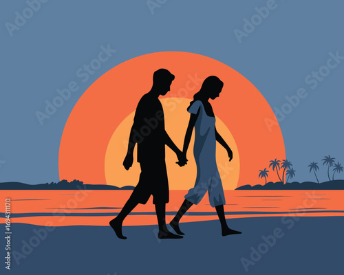Silhouette of couple walking hand in hand along tropical beach at sunset with vibrant orange sun, palm trees, and ocean reflections