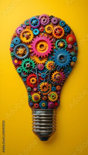light bulb filled colorful gears various sizes bright yellow background innovation creativity problem solving teamwork efficiency system collaboration ideas ingenuity vibrant design