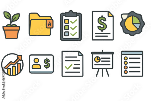 Business and finance outline icon set. essentials for success outlined collection