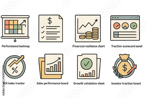 Business and finance icon set. performance, roi, growth outline icons collection