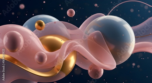 Abstract 3d organic forms with pearlescent shimmer and soft inner glow on dark blue background, ai generation