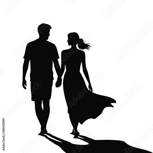 Silhouette of couple walking hand in hand with shadows cast behind, symbolizing companionship, movement, and emotional connection