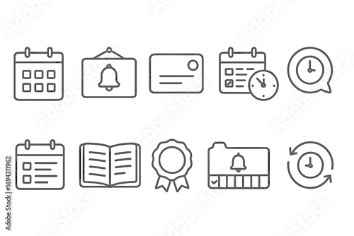 Business and time management linear icon set. office, schedule, efficiency essentials