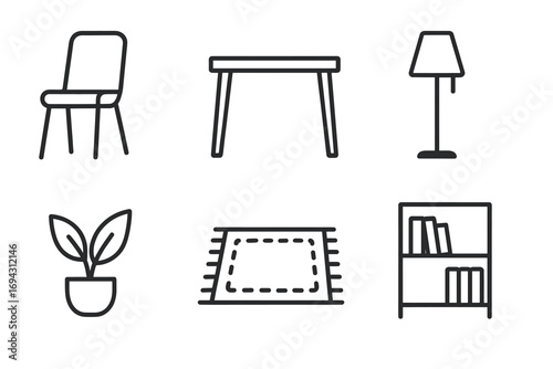 Modern minimalist furniture and decor icons: chair, table, lamp, plant, rug, bookshelf