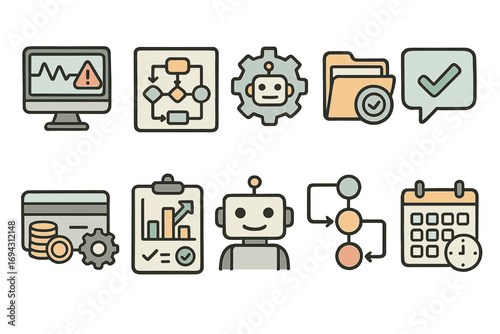 Business and technology linear icon set. data, automation, and task management