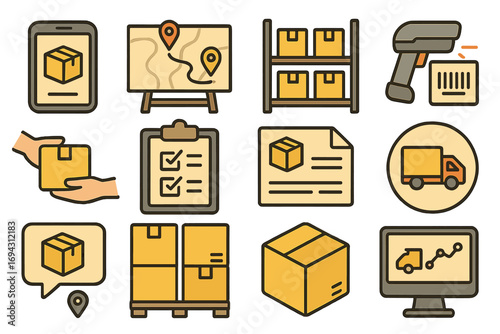 Delivery and shipping flat icon set. logistics and distribution outline graphics