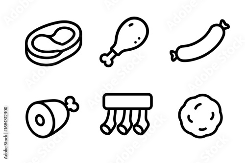 Outline icons of meat cuts: steak, drumstick, sausage, ham, ribs, patty