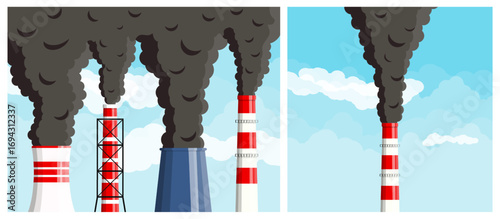 Industrial factory waste pollutant chimney smoke with black toxic clouds. Air pollution carbon emission concept. Environmental contamination.