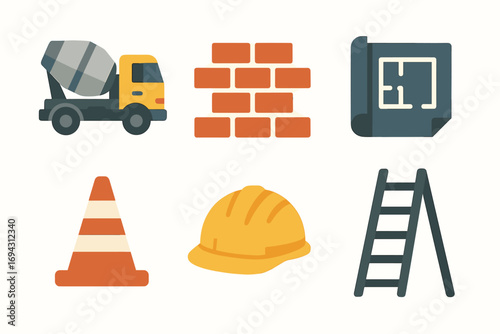 Construction icon set with cement truck, bricks, blueprints, and safety gear