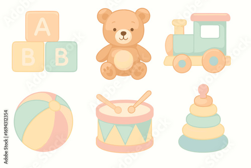 Pastel-toned children’s toys collection: bear, train, drum, blocks, and more