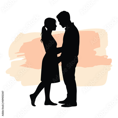 Silhouette of couple standing closely face to face with abstract peach brush strokes, symbolizing intimacy, emotional bonding, and connection