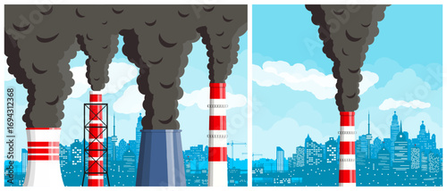Factory pipes with gray smoke over city skyline. Air pollution problem. Environmental global warming and ecological disaster concept for presentation.
