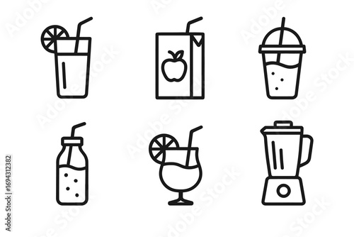 Assorted beverage icons: juice box, blender, and drinks with straws illustrations