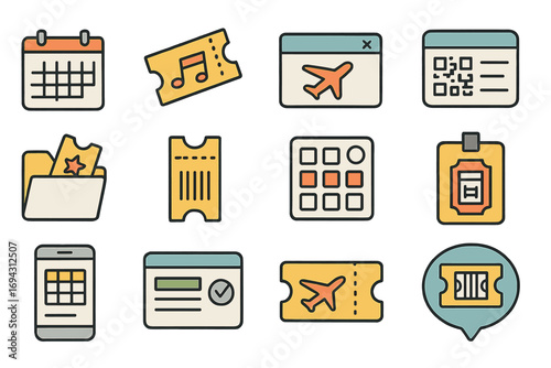 Travel and tourism outline icon set. includes vacation, tickets, and calendar symbols