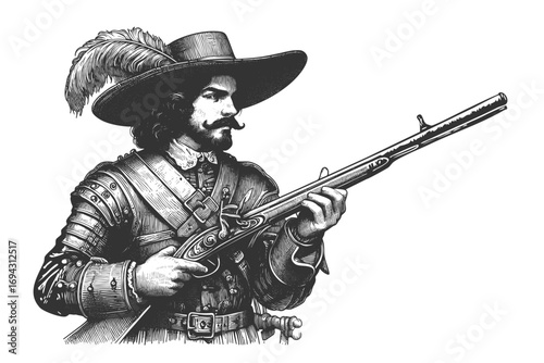 historical musketeer holding a rifle, wearing armor and feathered hat, classic European warfare sketch engraving generative ai fictional character vector illustration. Scratch board. Black and white.