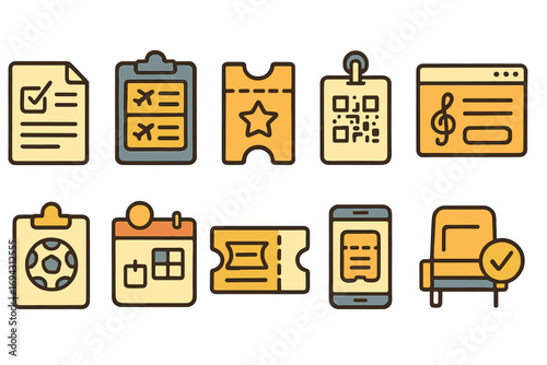 Event and ticketing outline icon set. schedule, admission, qr code icons collection
