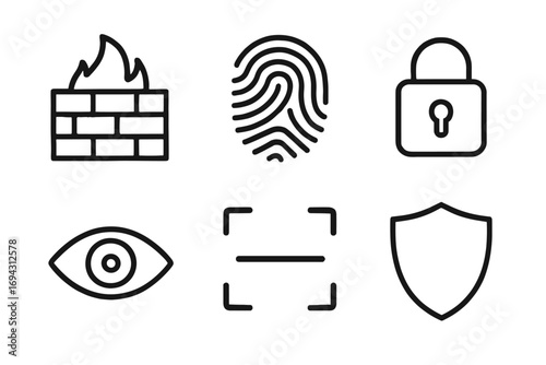Cybersecurity icons: firewall, fingerprint, lock, eye, biometrics, shield
