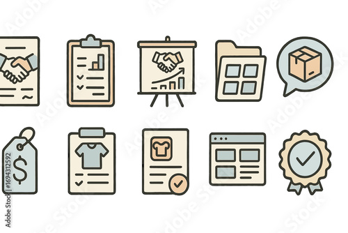 Business and finance outline icon set: charts, reports, and planning tools collection