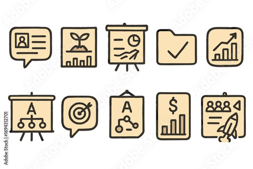 Business and finance icon set. essential outline icons for presentations and reports