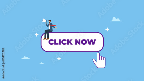 Businessman with megaphone motivate user to click button now. Call to action in online advertising, attention message or motivation for user to click ads banner or sign up on website.