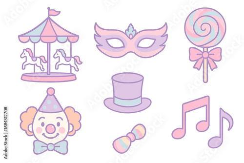 Pastel carnival elements with carousel, mask, lollipop, clown, hat, bowtie, and music notes