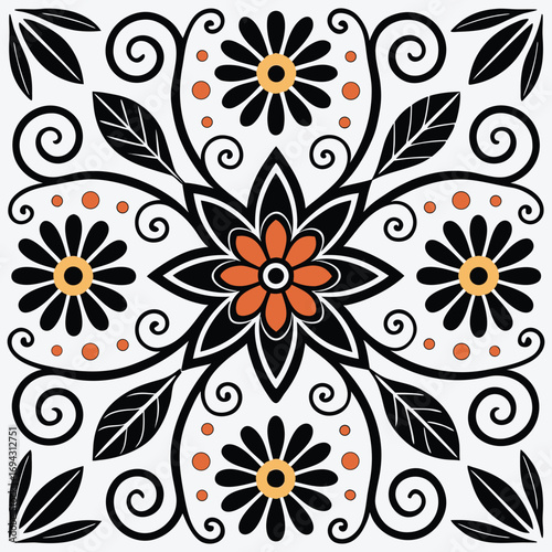 Traditional mexican talavera tile pattern with floral and scrollwork design