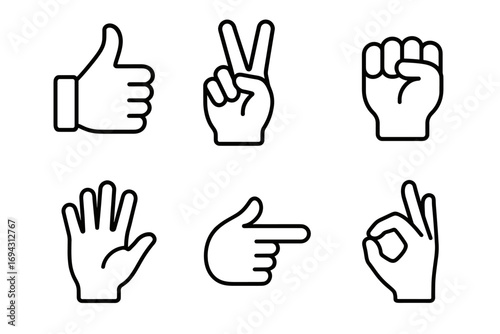 Set of hand gesture icons: thumbs up, peace, fist, open palm, pointing, ok sign