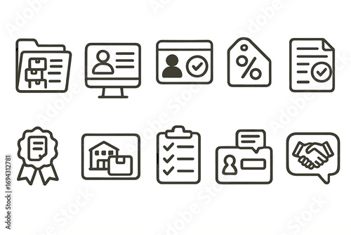 Business, office document outline icon set. professional, workspace icons collection