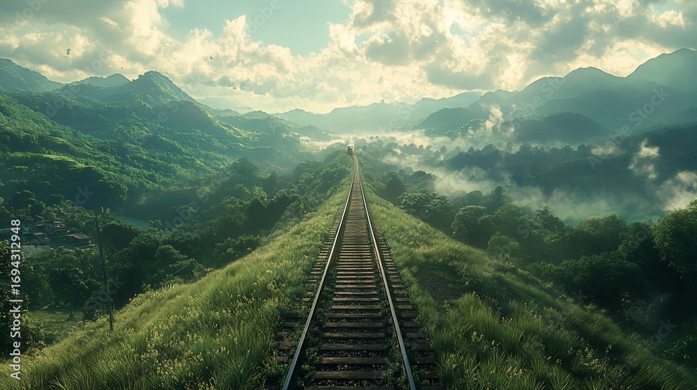 Fototapeta premium Railroad tracks cross green hills under cloud-filled sky, possibly for travel ads