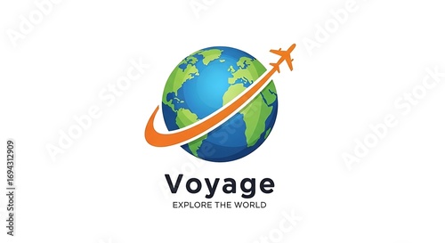 A vibrant  design featuring a stylized globe with an airplane trail, representing global travel and exploration.