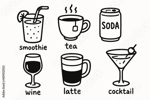 Smoothie, tea, soda, wine, latte, cocktail: illustrated beverage icons
